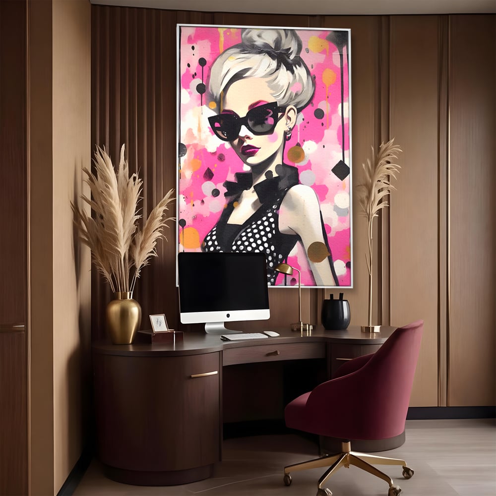 Tablou canvas cu tablou canvas cu femeie stilizata, in rama de aluminiu argintiu, pe perete intr-un birou